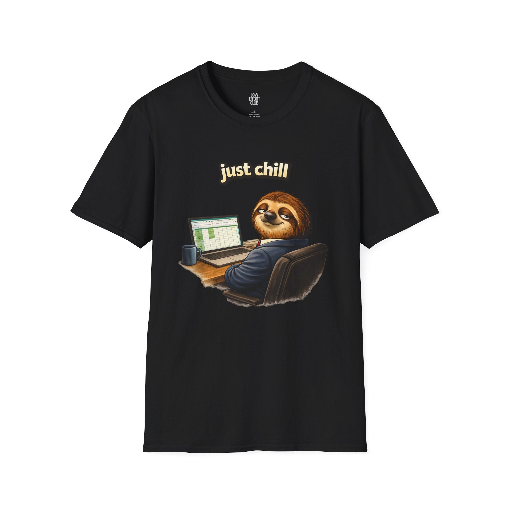 Just Chill Sloth Design T-Shirt — 'Low Effort Club' Relaxed Graphic Tee