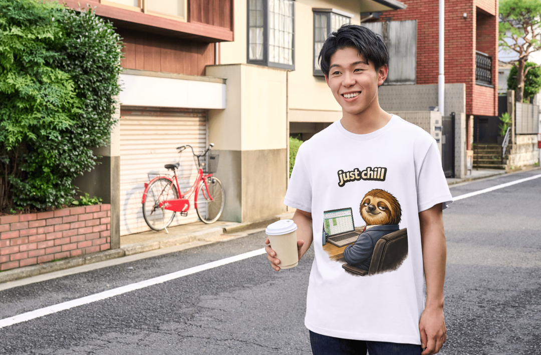 Just Chill Sloth Design T-Shirt — 'Low Effort Club' Relaxed Graphic Tee