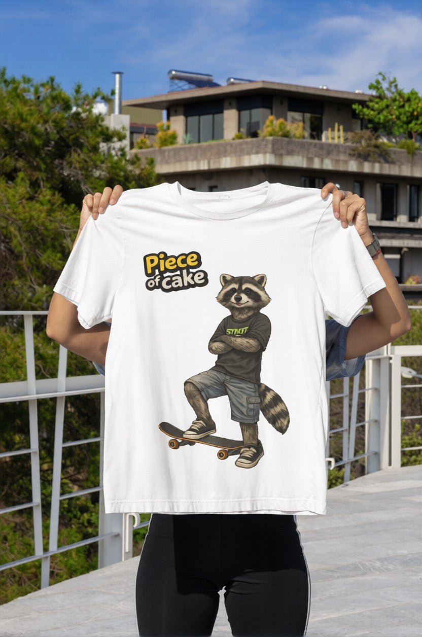 Piece of Cake Raccoon Skate T-Shirt | Streetwear Animal Tee